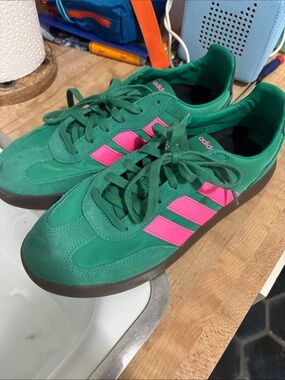 adidas Green Suede Sneakers with Pink Three-Stripes